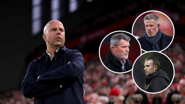 Arne Slot at Anfield with all of Roy Keane, Jamie Carragher and Robin van Persie as insets
