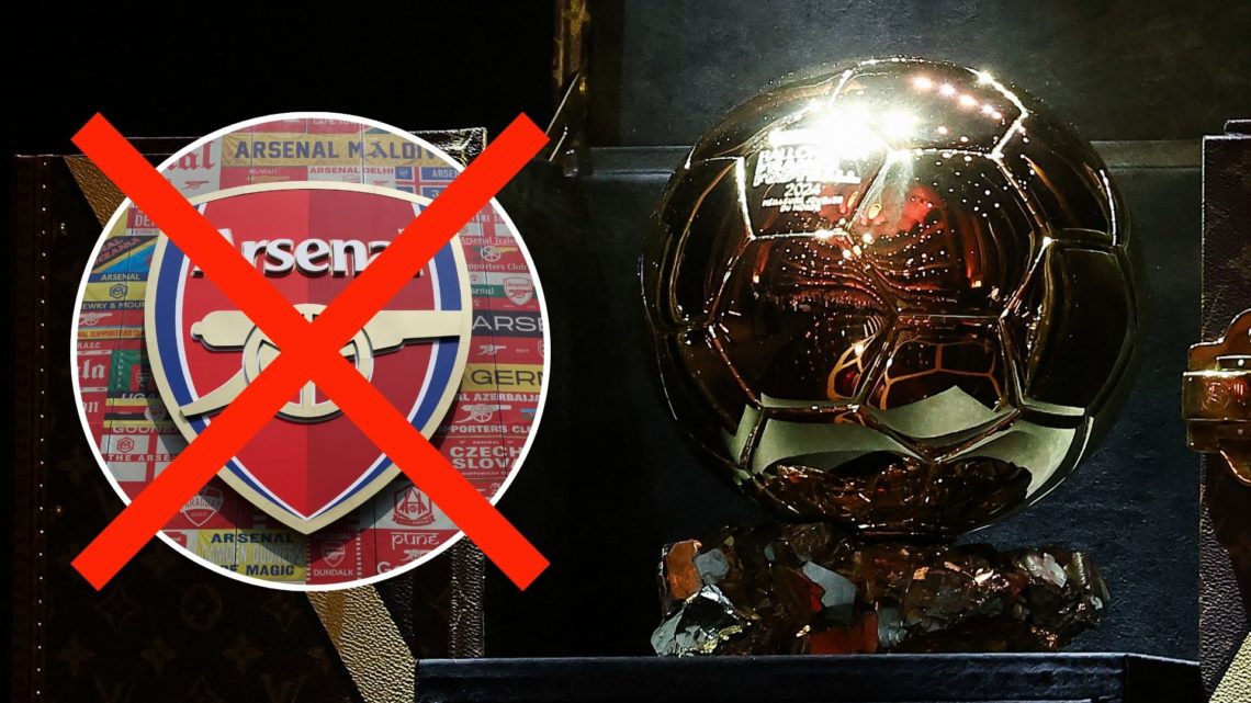 The Ballon D'Or trophy. Inset, the Arsenal badge with a cross through it.