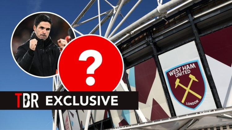 West Ham's London Stadium. Inset, Mikel Arteta celebrating and a question mark.