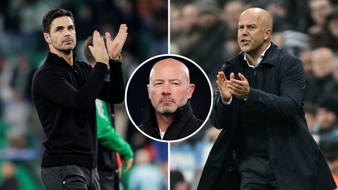 Arteta (celebrating) and Slot (frustrated) as a split image with Shearer in the middle as an inset