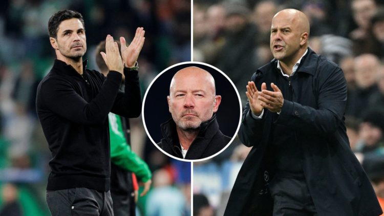 Arteta (celebrating) and Slot (frustrated) as a split image with Shearer in the middle as an inset
