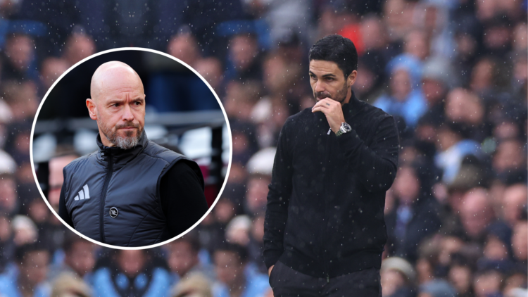 Arteta on the touchline with an inset of Ten Hag
