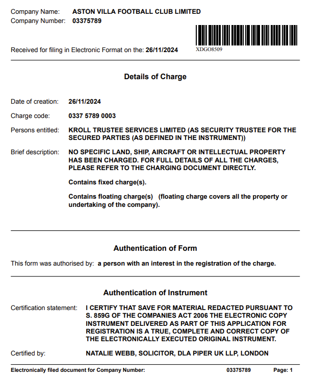 Companies House snapshot of loan provided to Aston Villa by Goldman Sachs