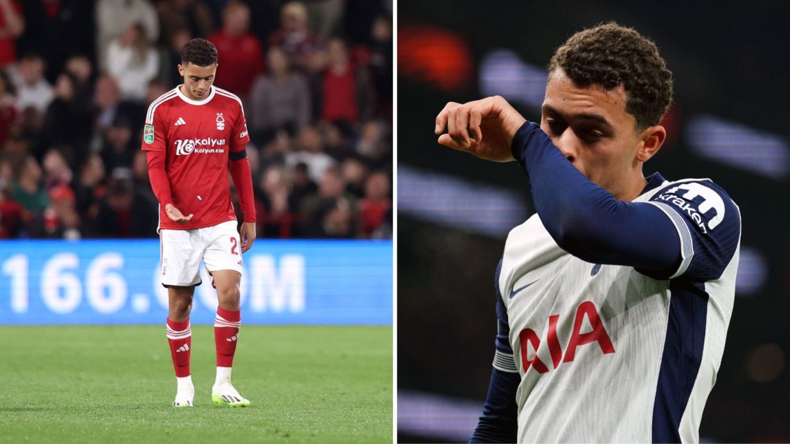 Brennan Johnson looking dejected in Nottingham Forest kit, and Tottenham Hotspur kit.
