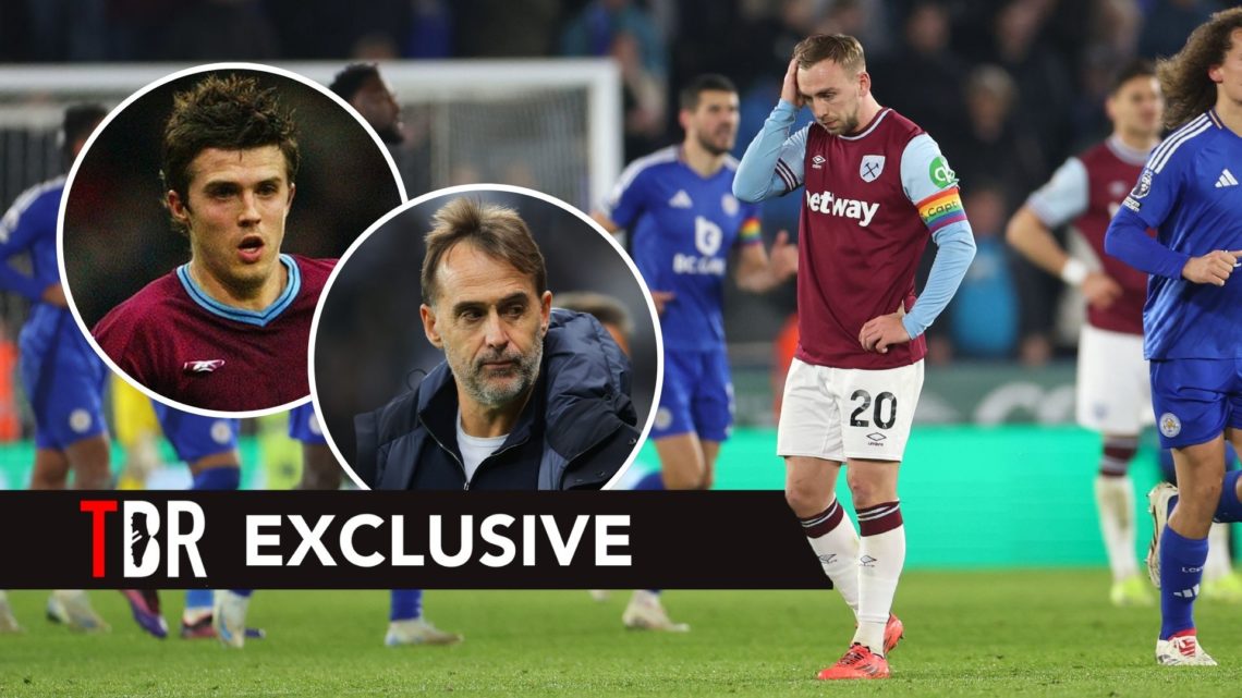 Michael Carrick and Julen Lopetegui inset above dejected West Ham players.