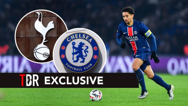 Marquinhos of PSG controls the ball. Inset, Chelsea and Tottenham badges.