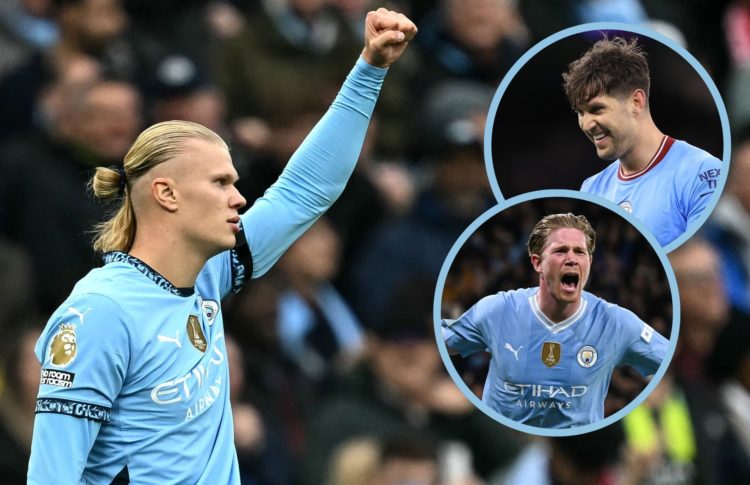 Collage of Erling Haaland, John Stones and Kevin De Bruyne.