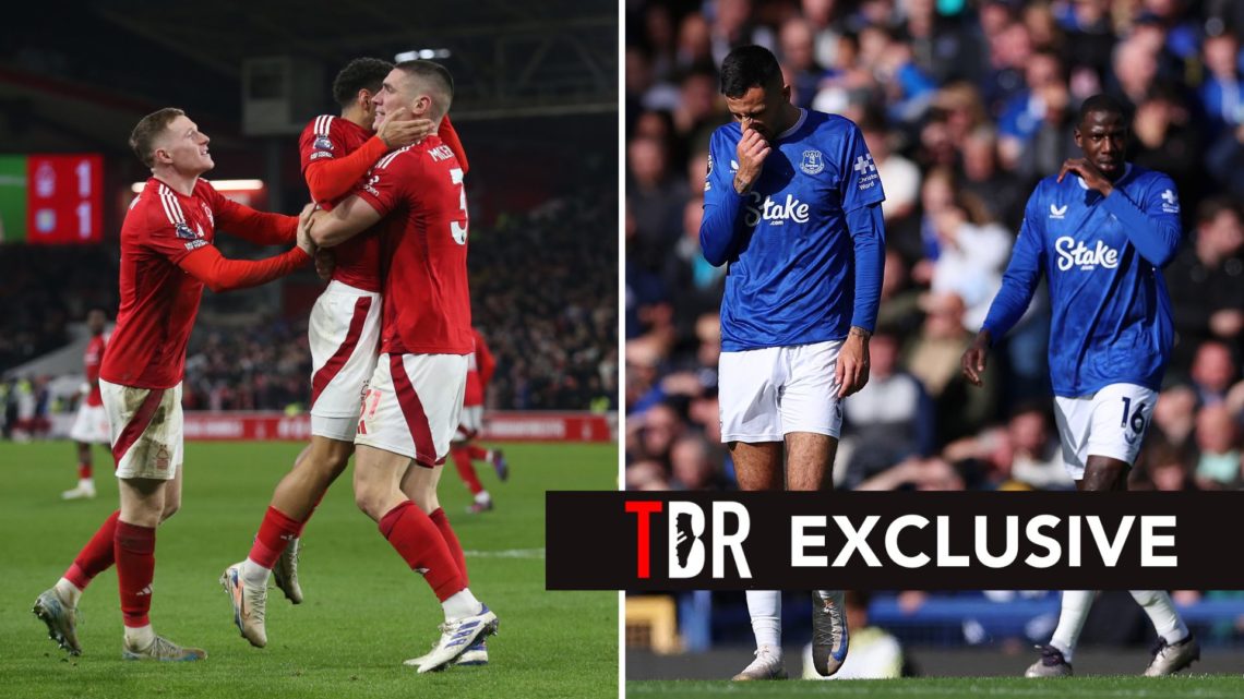 Nottingham Forest players celebrating in red kit next to Everton players looking dejected