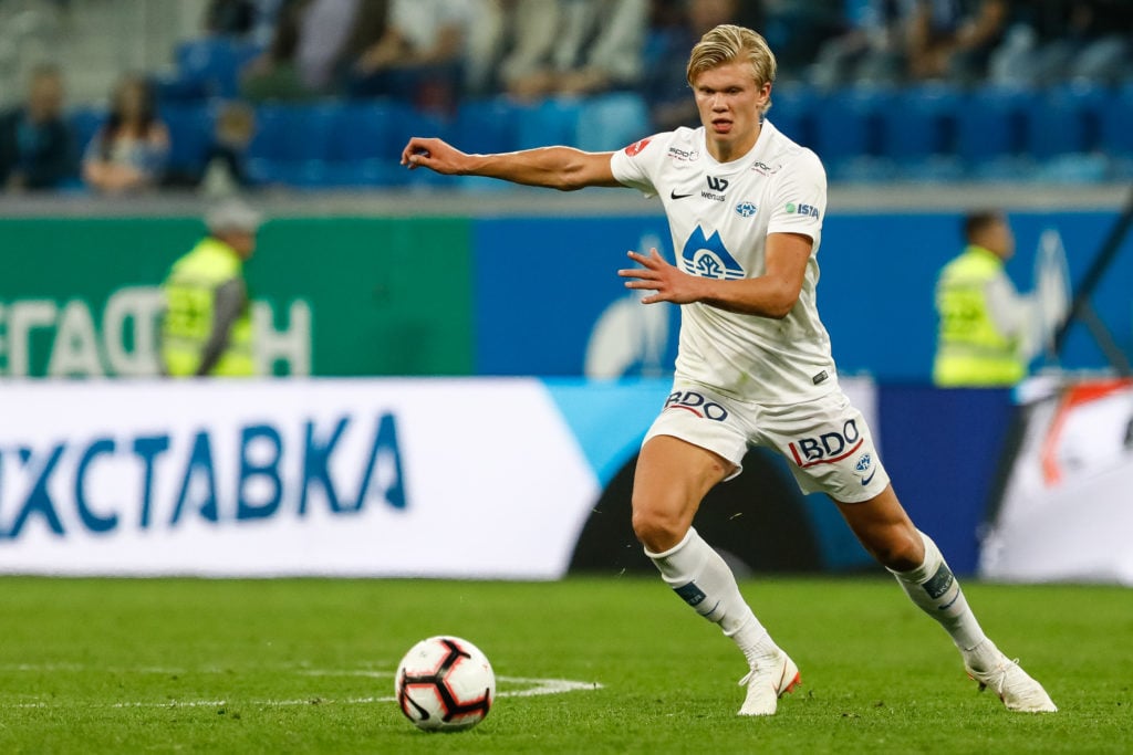 Erling Braut Haland of Molde FK in action during the UEFA Europa League play-offs first leg match between FC Zenit Saint Petersburg and Molde FK on...