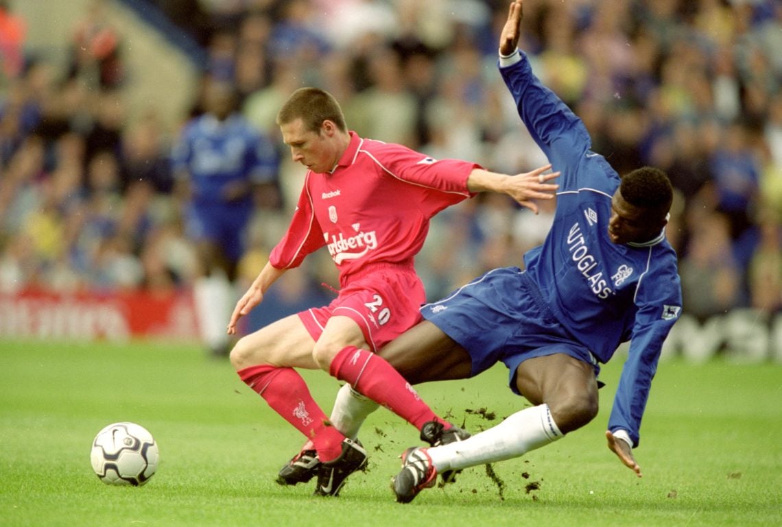 1 Oct 2000:  Nick Barmby of Liverpool beats Marcel Desailly of Chelsea during the FA Carling Premiership match at Stamford Brdge, in London. Chelse...