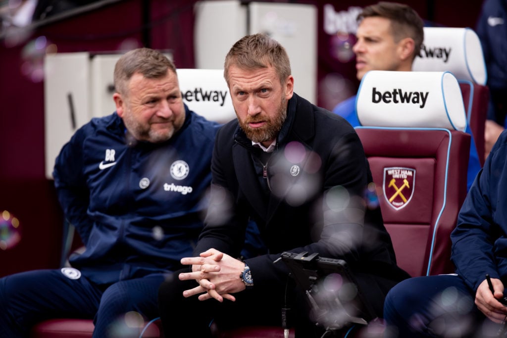 Graham Potter of Chelsea stands during the Premier League match between West Ham United and Chelsea at the London Stadium, Stratford on Saturday 11...