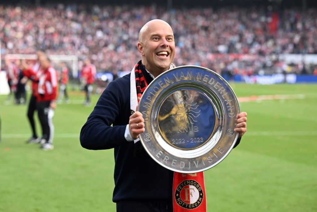 ROTTERDAM - Feyenoord coach Arne Slot with the championship plate, with the trophy, with the dish after the Dutch premier league match between Feye...