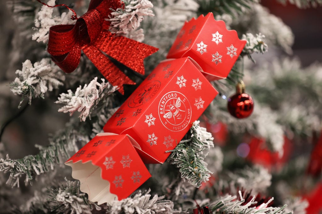 Detailed view of a Brentford Christmas cracker ahead of the Premier League match between Brentford and Watford at Brentford Community Stadium on De...