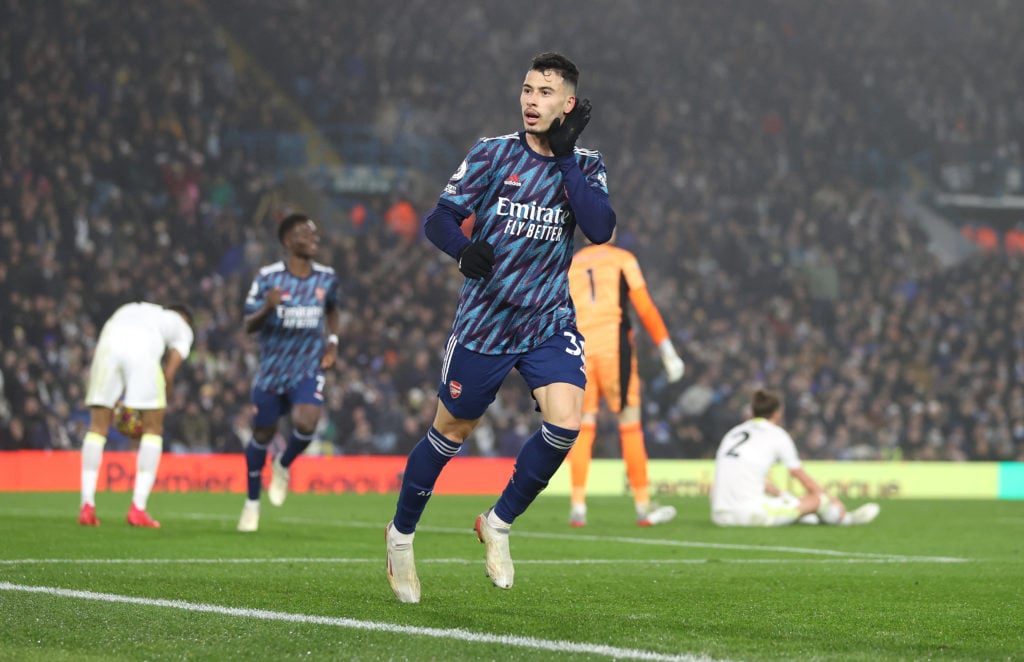 Gabriel Martinelli of Arsenal  celebrates after scoring their team's second goal  during the Premier League match between Leeds United  and  Arsena...