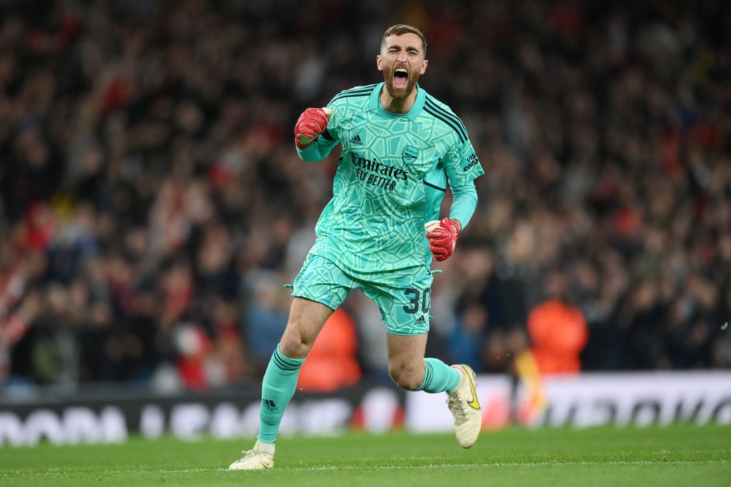 Matt Turner celebrates after Eddie Nketiah of Arsenal side scored their first goal during the UEFA Europa League group A match between Arsenal FC a...