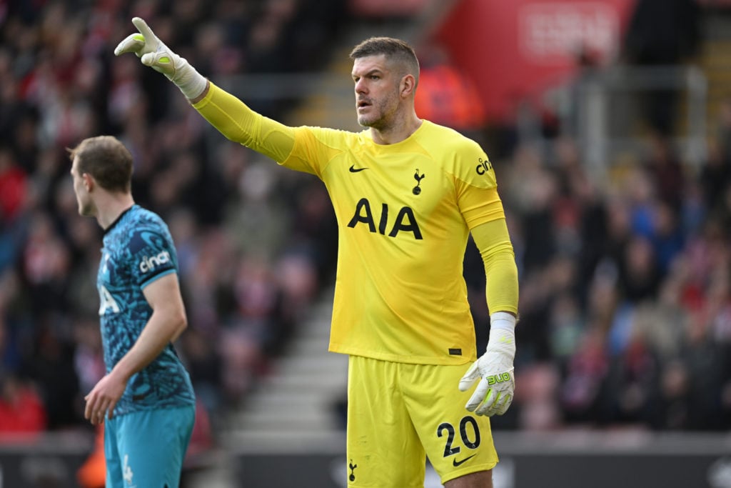 Fraser Forster of Tottenham Hotspur gestures during the Premier League match between Southampton FC and Tottenham Hotspur at Friends Provident St. ...