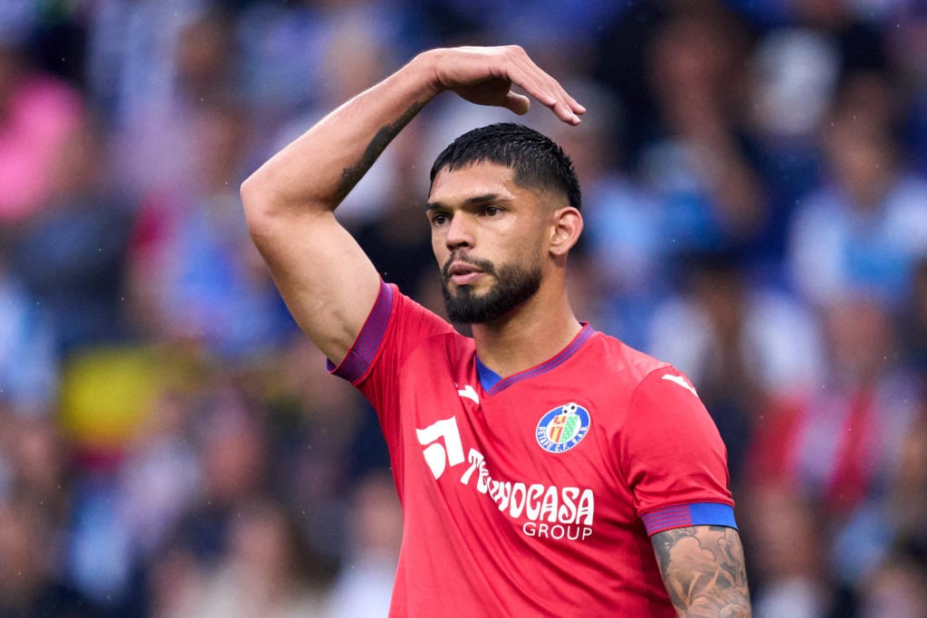 Omar Alderete of Getafe CF reacts during the LaLiga Santander match between RCD Espanyol and Getafe CF at RCDE Stadium on April 30, 2023 in Barcelo...