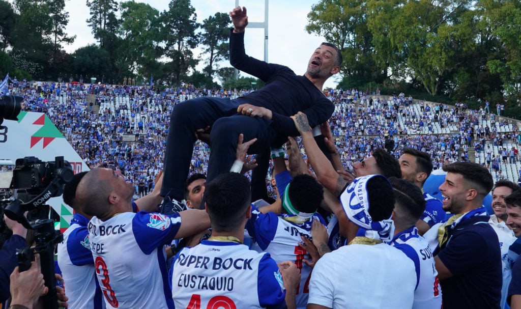 Head coach Sergio Conceicao of FC Porto celebrates with players after winning the Portuguese Cup Final at the end of the Portuguese Cup Final match...