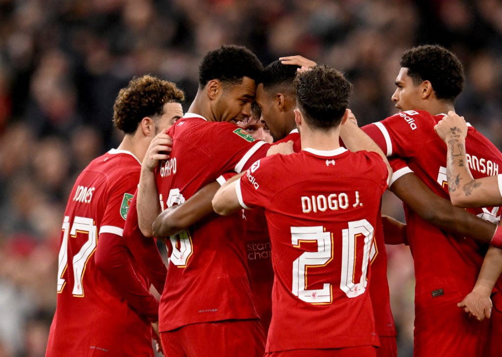 (THE SUN OUT, THE SUN ON SUNDAY OUT) Cody Gakpo of Liverpool celebrating after scoring the equalising goal during the Carabao Cup Third Round match...