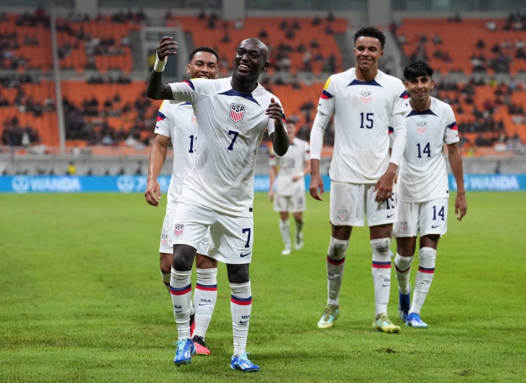 Nimfasha Berchimas of USA celebrates after scoring the team's third goal during the FIFA U-17 World Cup Group E match between Korea Republic and US...