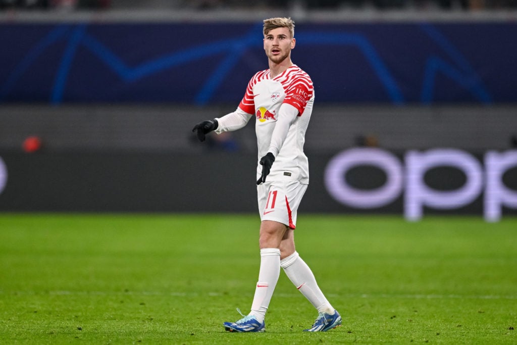 Timo Werner of RB Leipzig gestures during the UEFA Champions League match between RB Leipzig and BSC Young Boys at Red Bull Arena on December 13, 2...