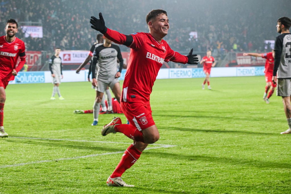 Manfred Ugalde of FC Twente celebrates the second goal during the Dutch Eredivisie match between FC Twente and AZ at Grolsch Veste on January 13, 2...