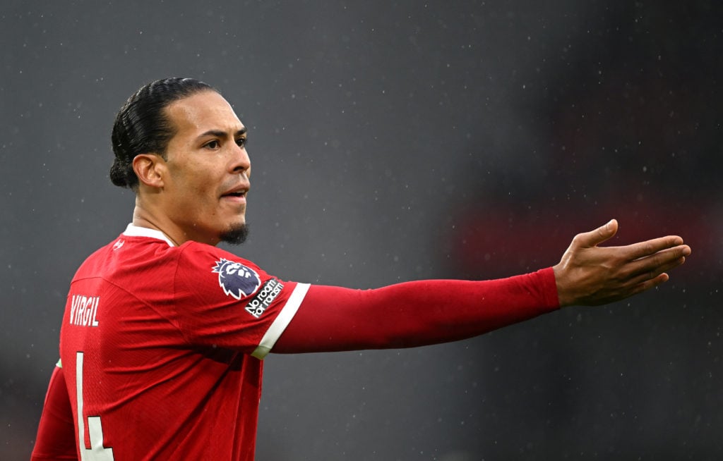 Virgil van Dijk of Liverpool reacts during the Premier League match between Liverpool FC and Manchester City at Anfield on March 10, 2024 in Liverp...