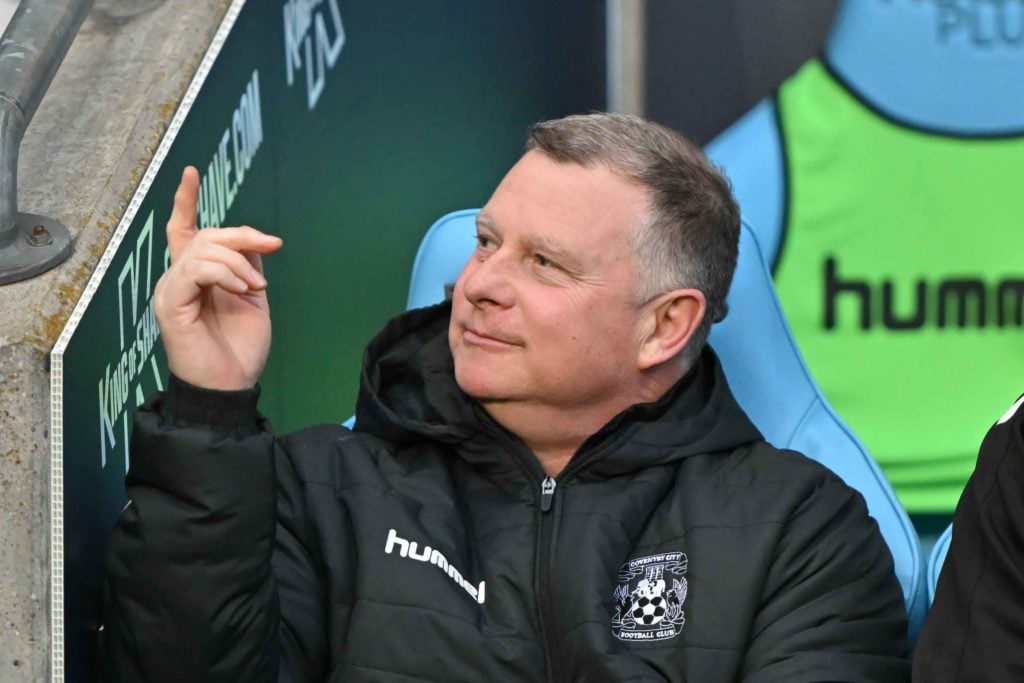 Manager Mark Robins of Coventry City is gesturing during the Sky Bet Championship match between Coventry City and Ipswich Town at the Coventry Buil...