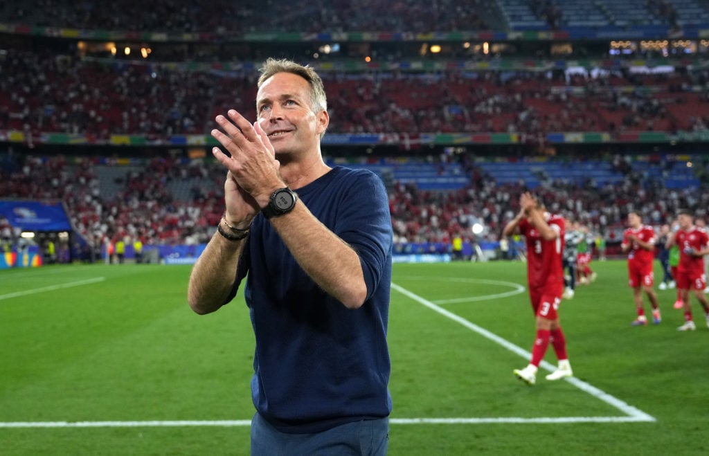 Kasper Hjulmand, Head Coach of Denmark, celebrates after the team's qualification to the knockout stages following the UEFA EURO 2024 group stage m...