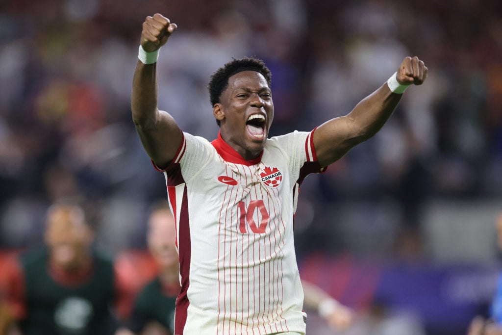 Jonathan David of Canada celebrates the victory after the CONMEBOL Copa America 2024 quarter-final match between Venezuela and Canada at AT&T S...