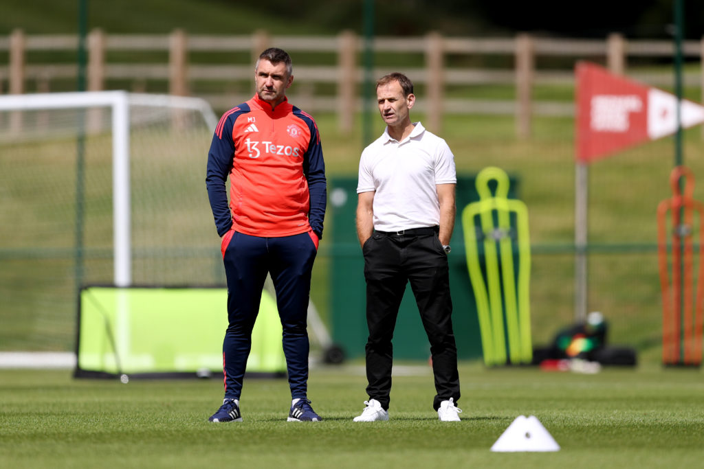 (EXCLUSIVE COVERAGE) Head of Women's Football Matt Johnson speaks to Sporting Director Dan Ashworth of Manchester United during a training session ...