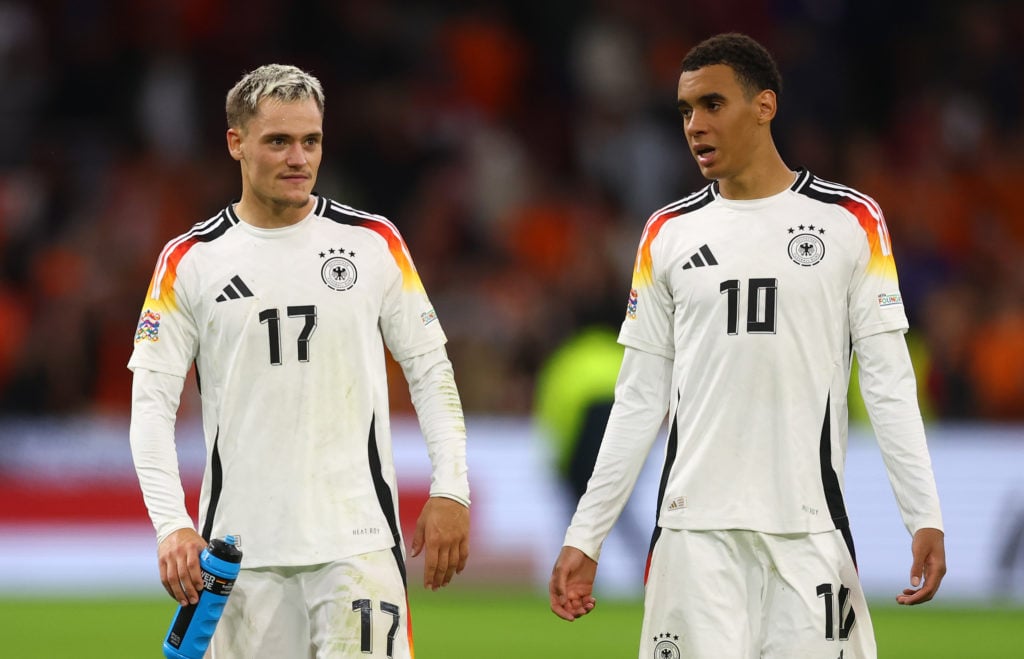 Jamal Musiala and Florian Wirtz of Germany are seen during the UEFA Nations League 2024/25 League A Group A3 match between Netherlands and Germany ...