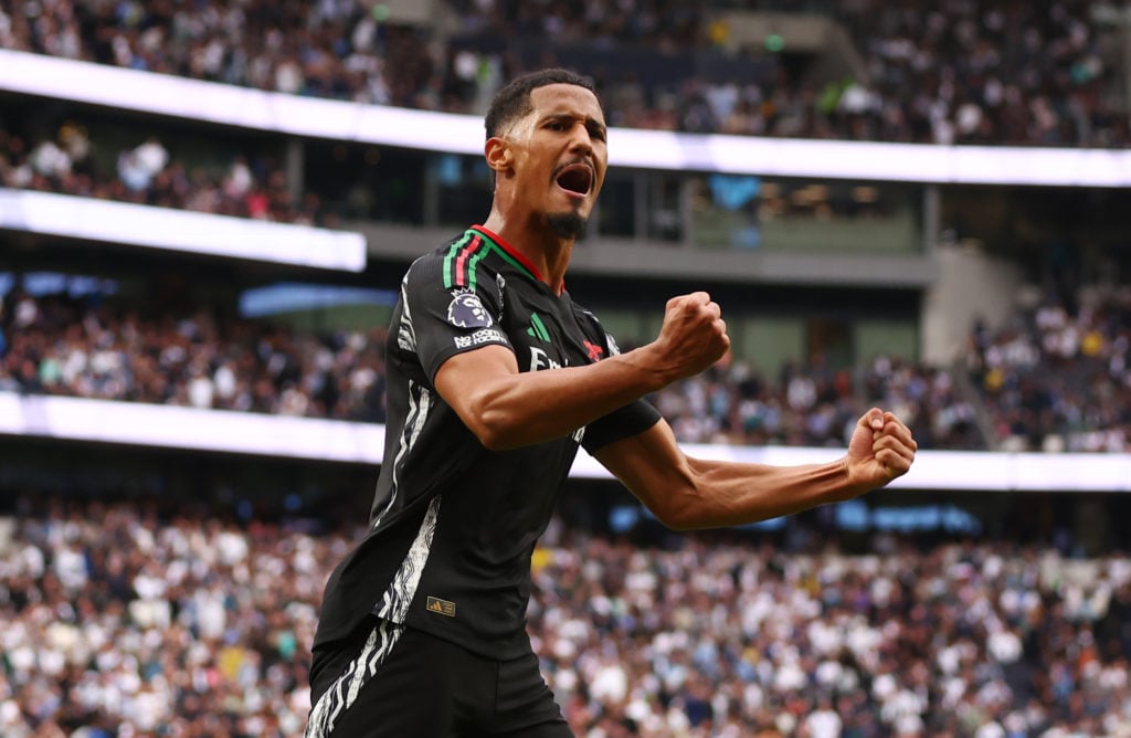 William Saliba of Arsenal celebrates after the Premier League match between Tottenham Hotspur FC and Arsenal FC at Tottenham Hotspur Stadium on Sep...