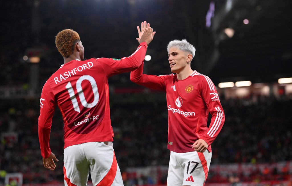 Alejandro Garnacho of Manchester United celebrates with Marcus Rashford after scoring the fourth United goal during the Carabao Cup Third Round mat...