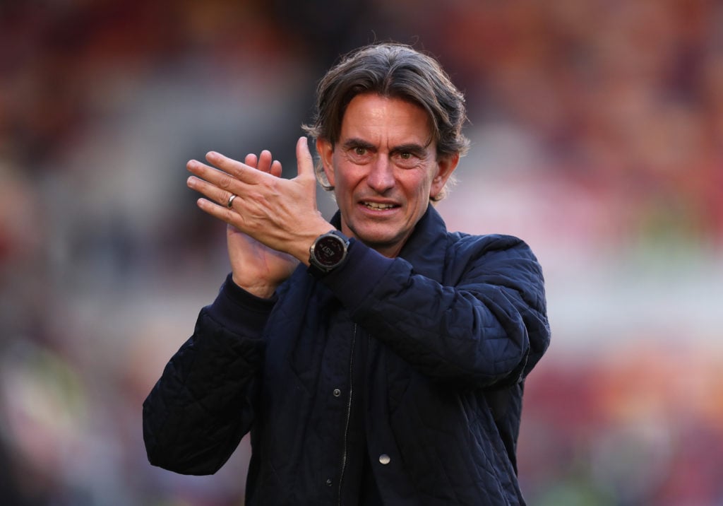 Thomas Frank, Manager of Brentford, applauds the fans at full-time following the team's draw in the Premier League match between Brentford FC and W...