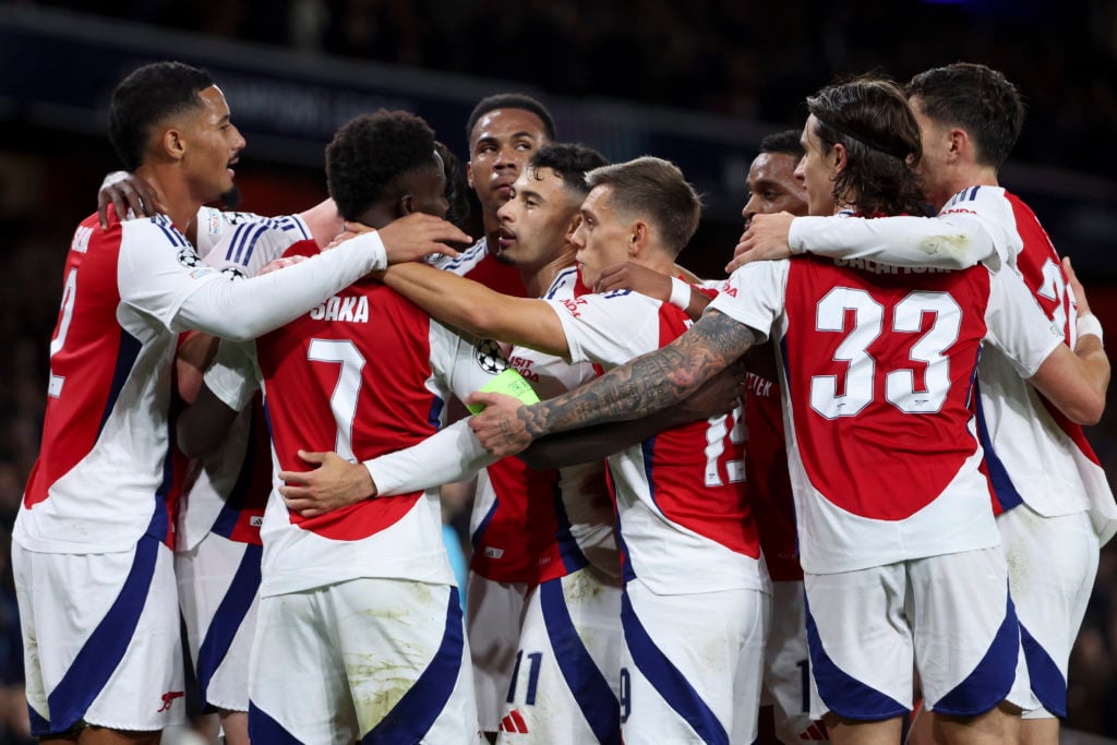 Bukayo Saka of Arsenal #7 celebrates his goal with William Saliba, Gabriel dos Santos Magalhaes, Gabriel Martinelli, Leandro Trossard, Riccardo Cal...