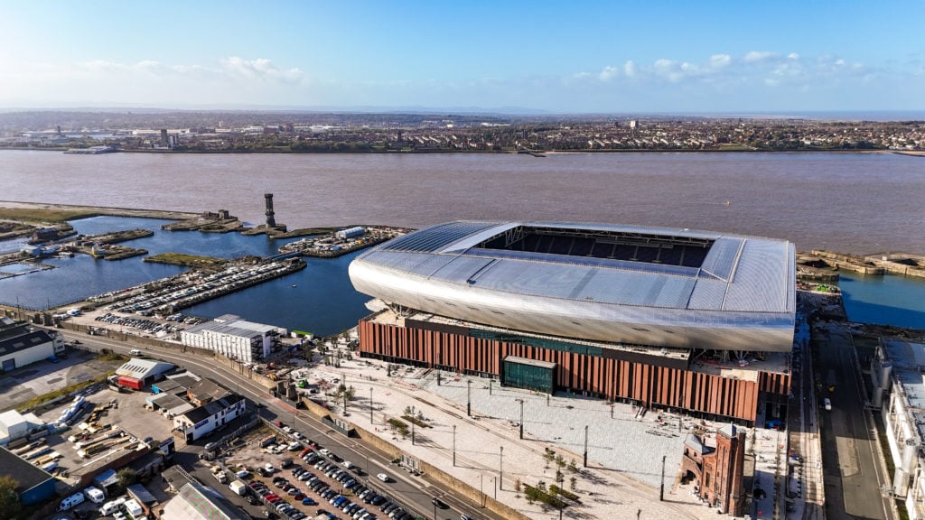 A general aerial view of Everton Stadium on Bramley-Moore Dock on October 21, 2024 in Liverpool, England.