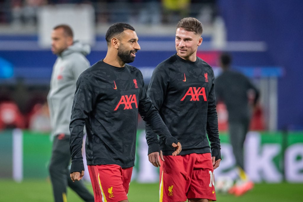 Mohamed Salah and Alexis Mac Allister of Liverpool FC warms up prior the UEFA Champions League 2024/25 League Phase MD3 match between RB Leipzig an...