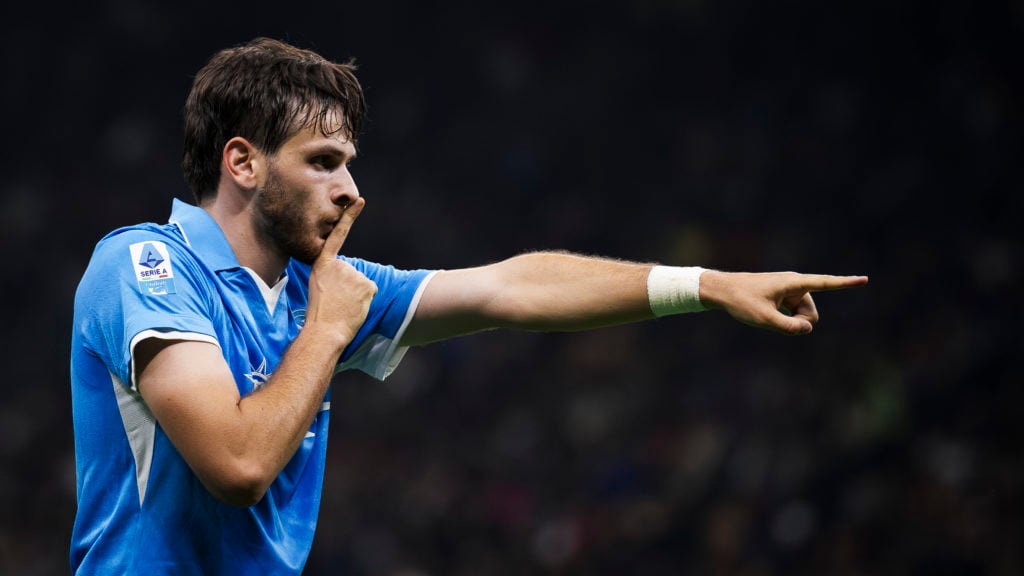 Khvicha Kvaratskhelia of SSC Napoli celebrates after scoring a goal during the Serie A football match between AC Milan and SSC Napoli. SSC Napoli w...