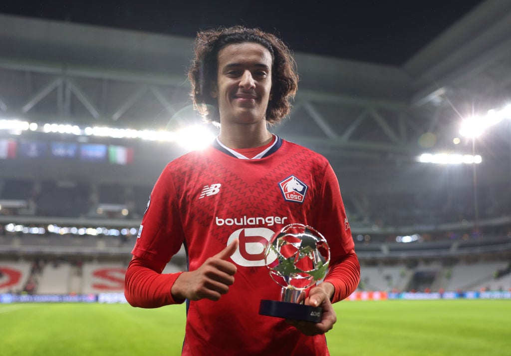 Ayyoub Bouaddi of LOSC Lille poses for a photo after being awarded the PlayStation Player of the Match award at the end of the UEFA Champions Leagu...