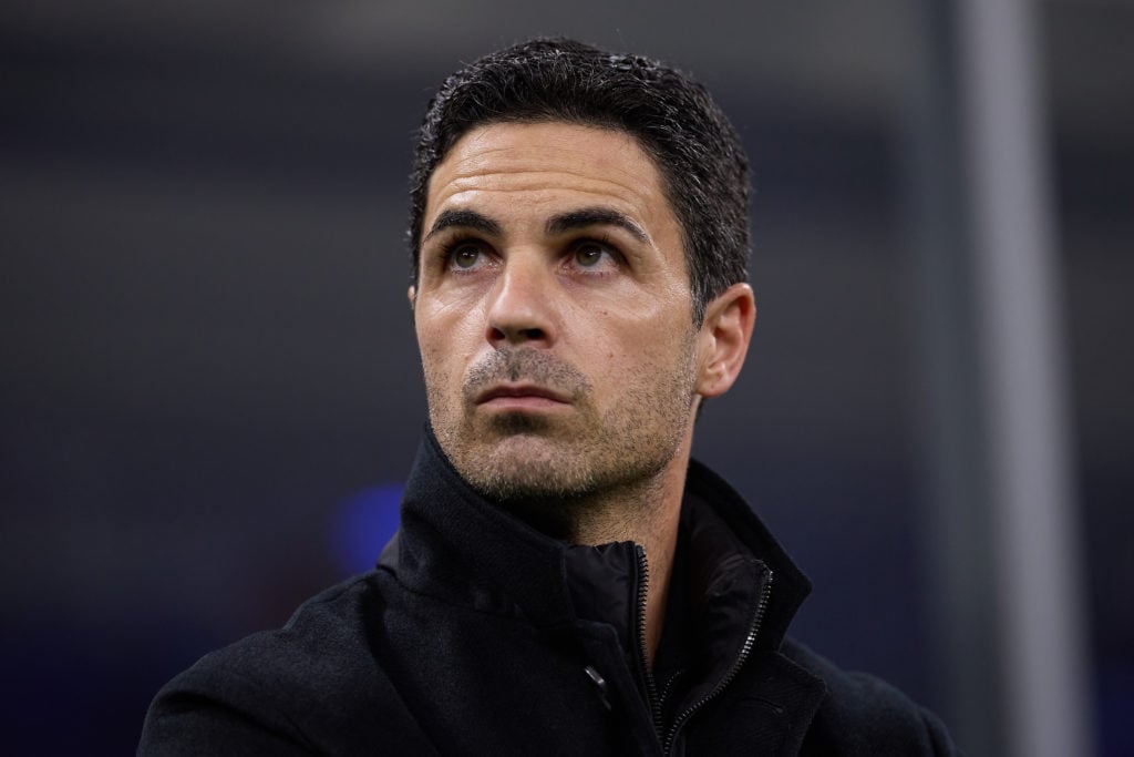 Mikel Arteta looks on during Arsenal's Champions League match.