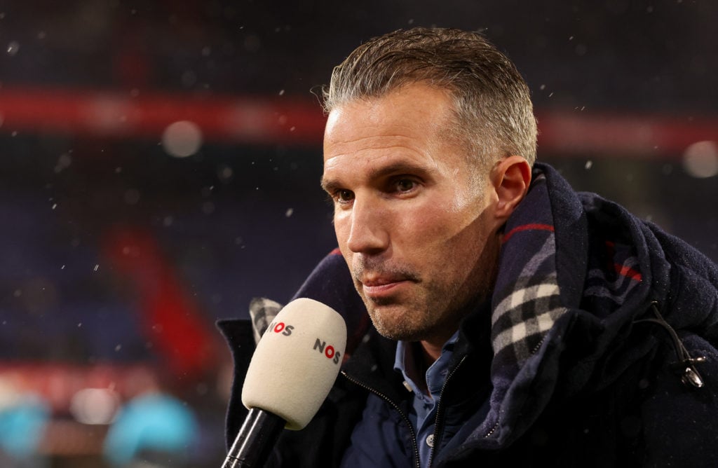 Headcoach Robin van Persie of sc Heerenveen is intervieuwed by NOS during the Dutch Eredivisie match between Feyenoord and sc Heerenveen at Stadion...