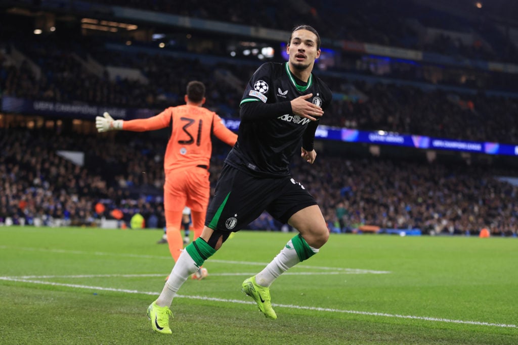 Anis Hadj Moussa of Feyenoord celebrates scoring their first goal during the UEFA Champions League 2024/25 League Phase MD5 match between Mancheste...