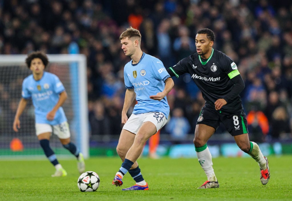 Manchester City's James McAtee in action during the UEFA Champions League 2024/25 League Phase MD5 match between Manchester City and Feyenoord at C...