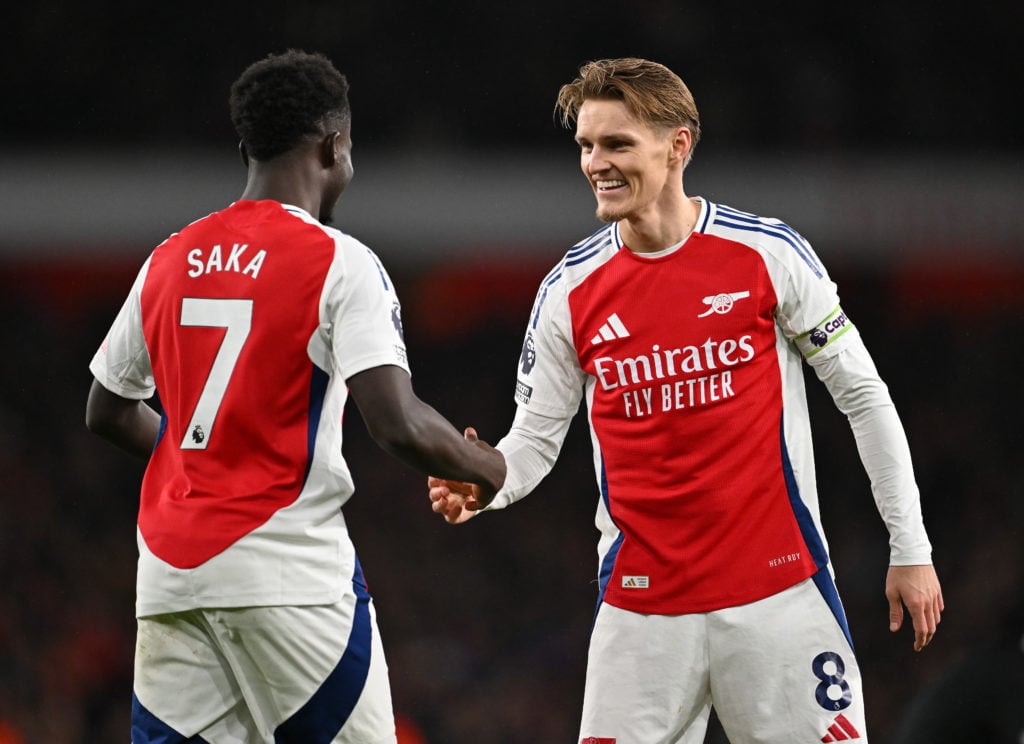 Martin Odegaard and Bukayo Saka celebrate Arsenal's 2nd goal during the Premier League match between Arsenal FC and Nottingham Forest FC at Emirate...