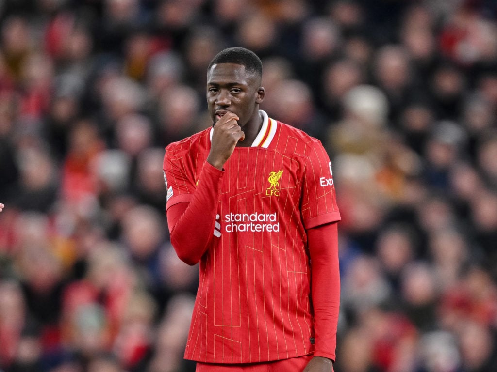 Ibrahima Konate of Liverpool FC gestures during the UEFA Champions League 2024/25 League Phase MD5 match between Liverpool FC and Real Madrid C.F. ...