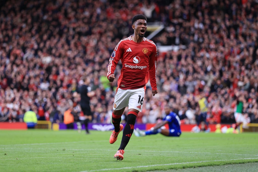 Amad Diallo of Manchester United celebrates their 2nd goal during the Premier League match between Manchester United FC and Everton FC at Old Traff...