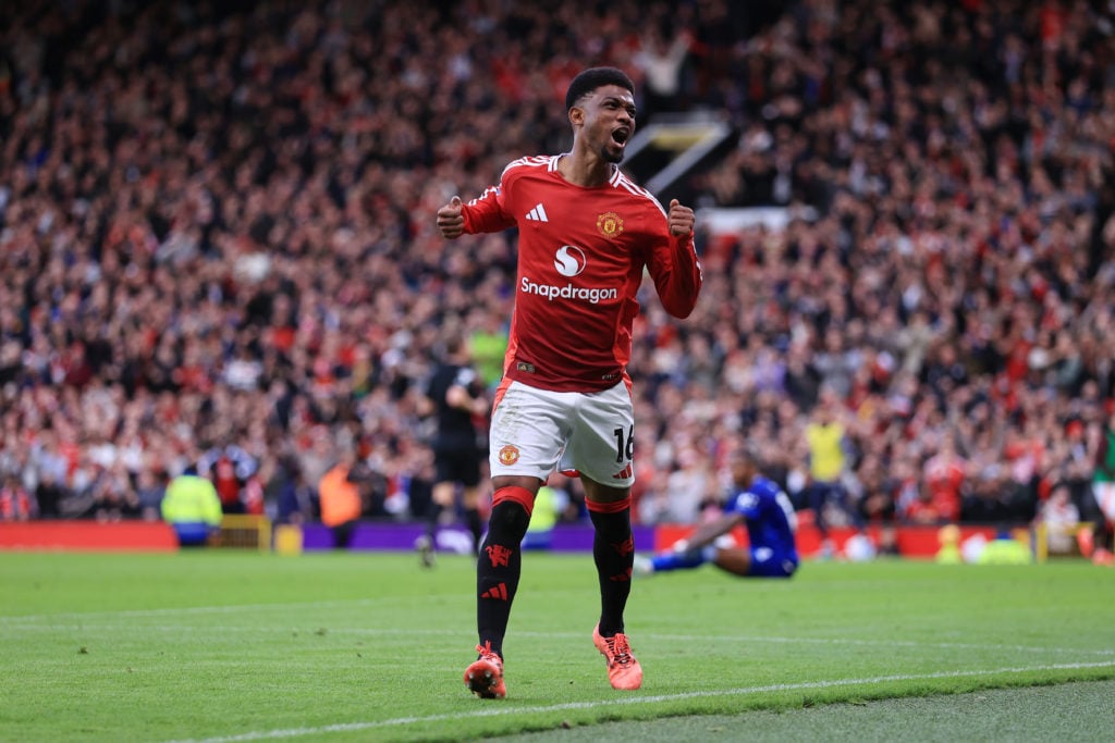 Amad Diallo of Manchester United celebrates their 2nd goal during the Premier League match between Manchester United FC and Everton FC at Old Traff...