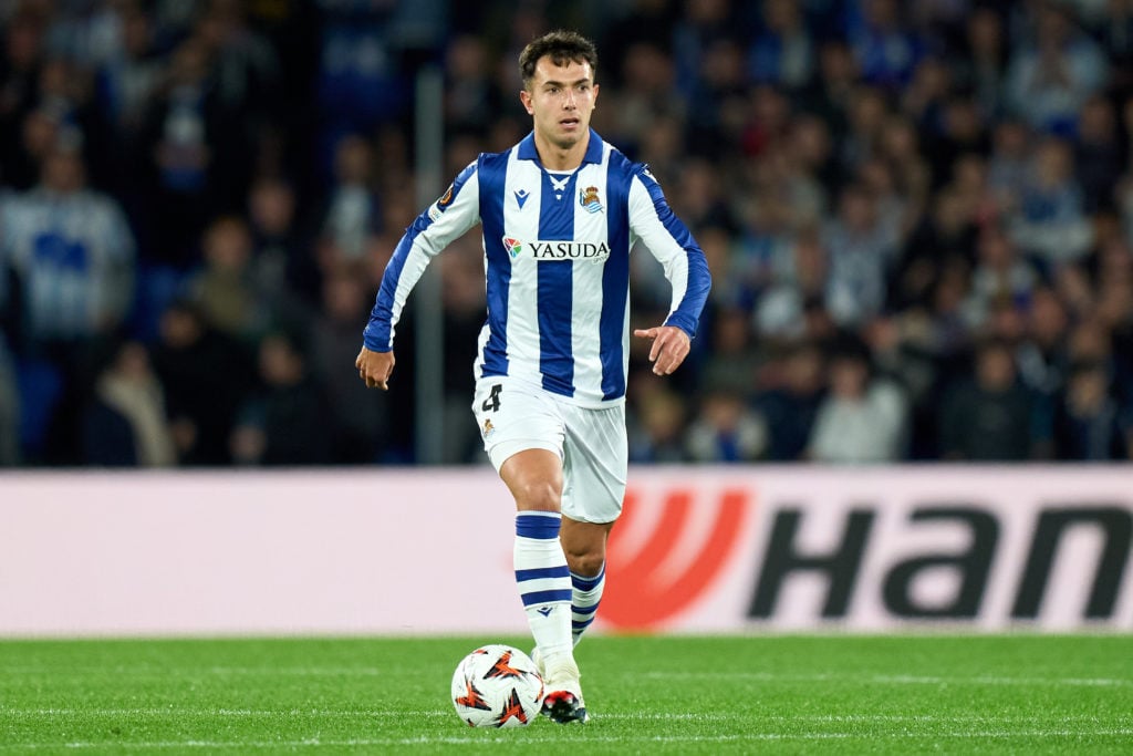 Martin Zubimendi of Real Sociedad controls the ball during the UEFA Europa League 2024/25 League Phase MD5 match between Real Sociedad de Futbol an...