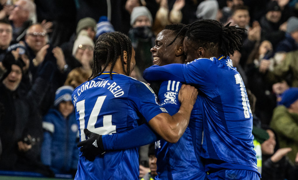 Leicester City's Patson Daka (centre) celebrates scoring his side's third goal with team mates Bobby De Cordova-Reid (left) and Stephy Mavididi dur...